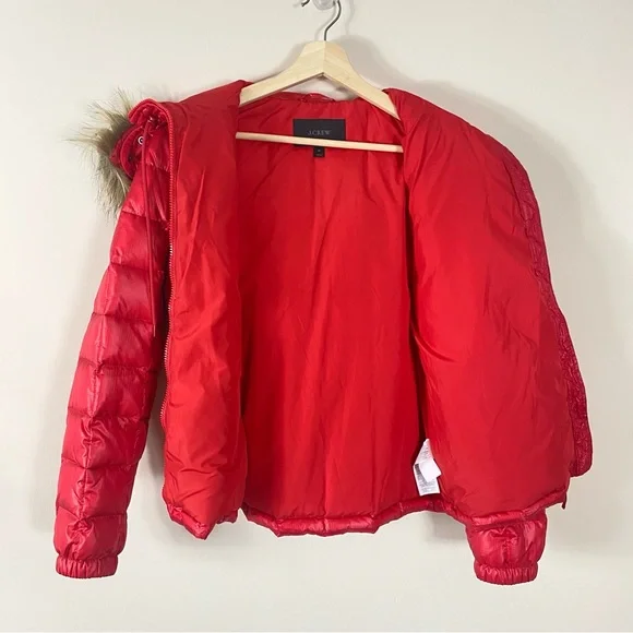 J. Crew Short Quilted Down Puffer Jacket with Faux Fur Trim Hood in Red - M - Picture 15 of 15